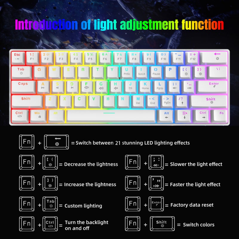 Mechanical Keyboard: 61-Key Compact Layout, Hot-Swappable Red Switches - Customizable Colorful Backlighting With 21 Modes, Durable White Wired Keyboard For Gaming And Office Use - Image 5