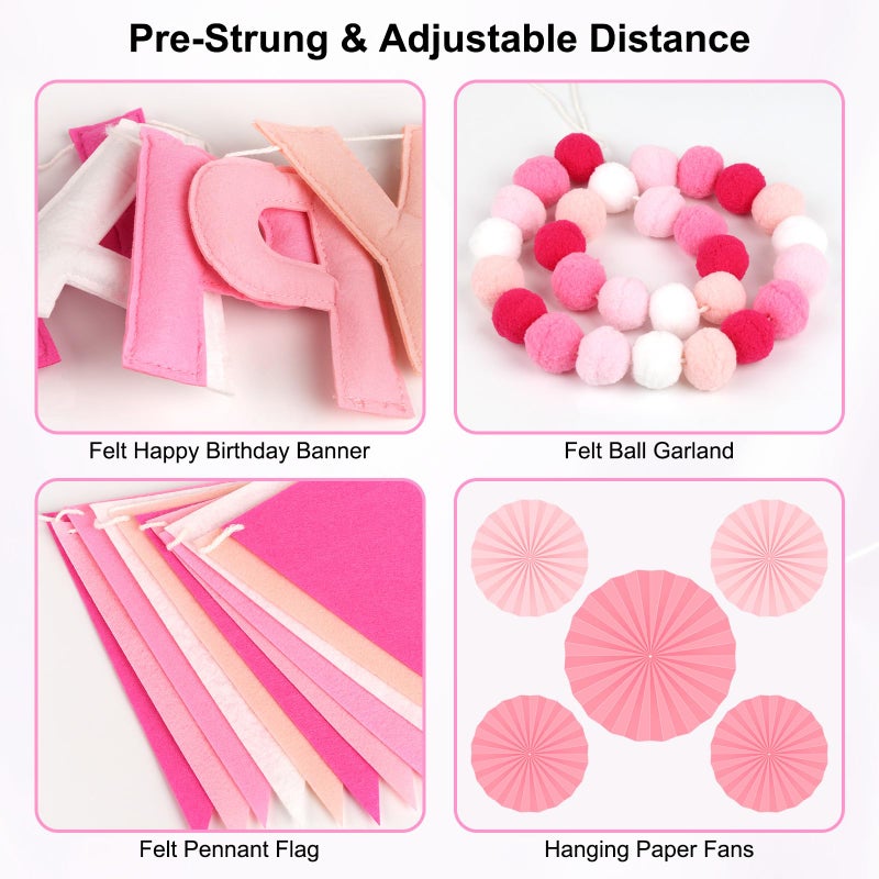 Danadia Pre-Strung 3D Felt Happy Birthday Banner, Reusable Pink Birthday Party Decorations for Women, Happy Birthday Sign with Felt Ball Garland, Pennant Flag, Hanging Paper Fans - Image 4