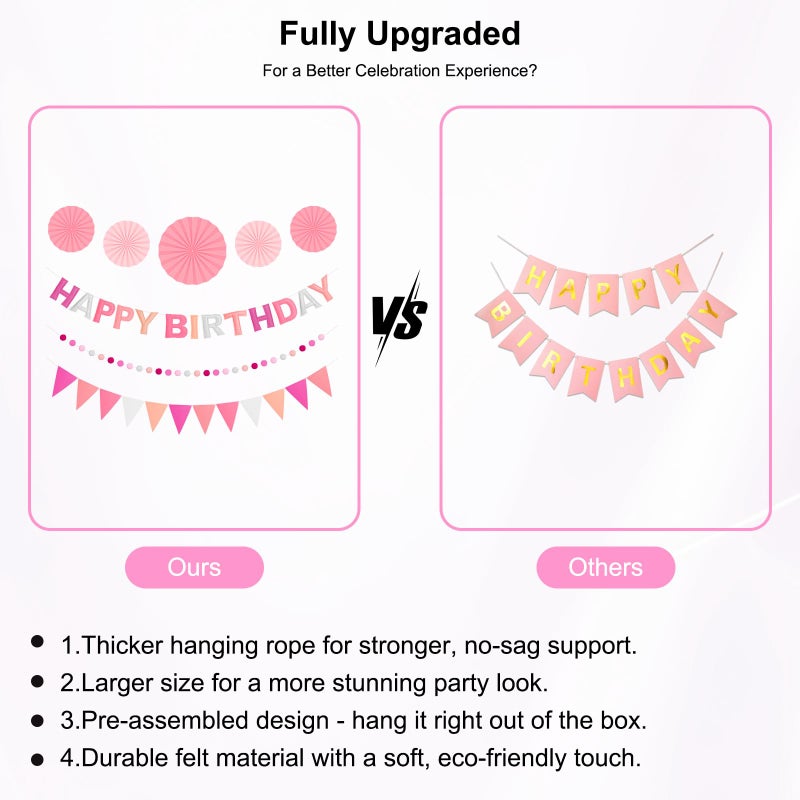 Danadia Pre-Strung 3D Felt Happy Birthday Banner, Reusable Pink Birthday Party Decorations for Women, Happy Birthday Sign with Felt Ball Garland, Pennant Flag, Hanging Paper Fans - Image 5