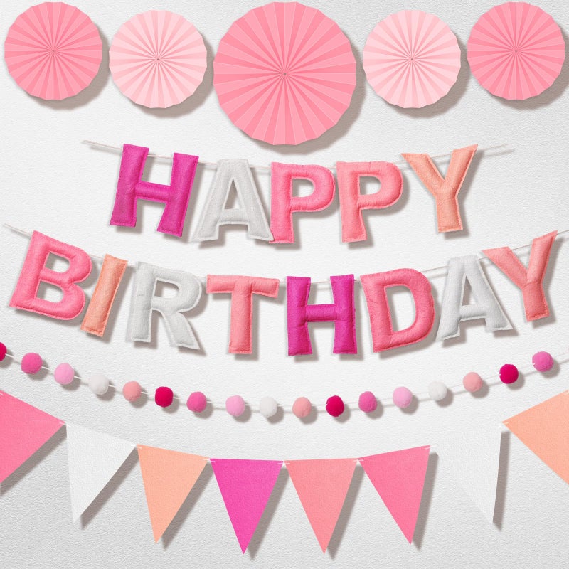 Danadia Pre-Strung 3D Felt Happy Birthday Banner, Reusable Pink Birthday Party Decorations for Women, Happy Birthday Sign with Felt Ball Garland, Pennant Flag, Hanging Paper Fans - Image 1