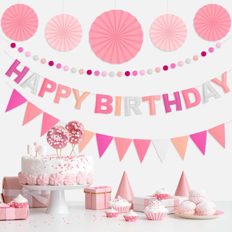 Danadia Pre-Strung 3D Felt Happy Birthday Banner, Reusable Pink Birthday Party Decorations for Women, Happy Birthday Sign with Felt Ball Garland, Pennant Flag, Hanging Paper Fans - Image 2