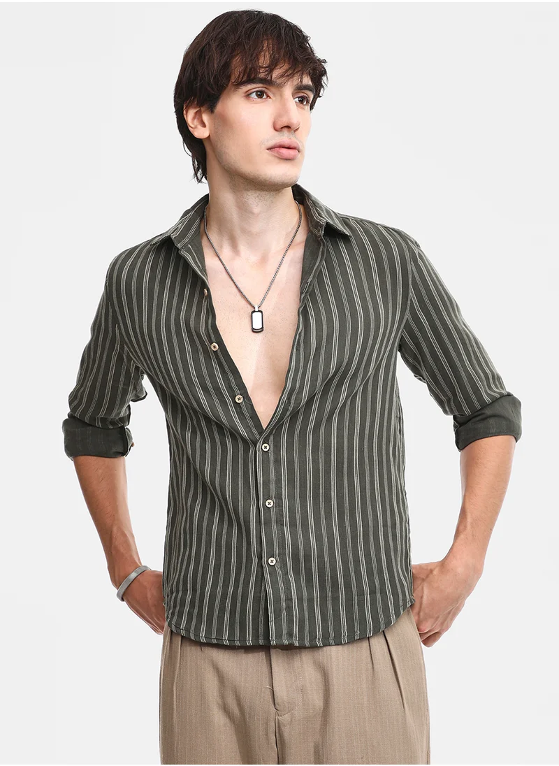 كامبوس سوترا Men's Moss Green Halo Striped Shirt