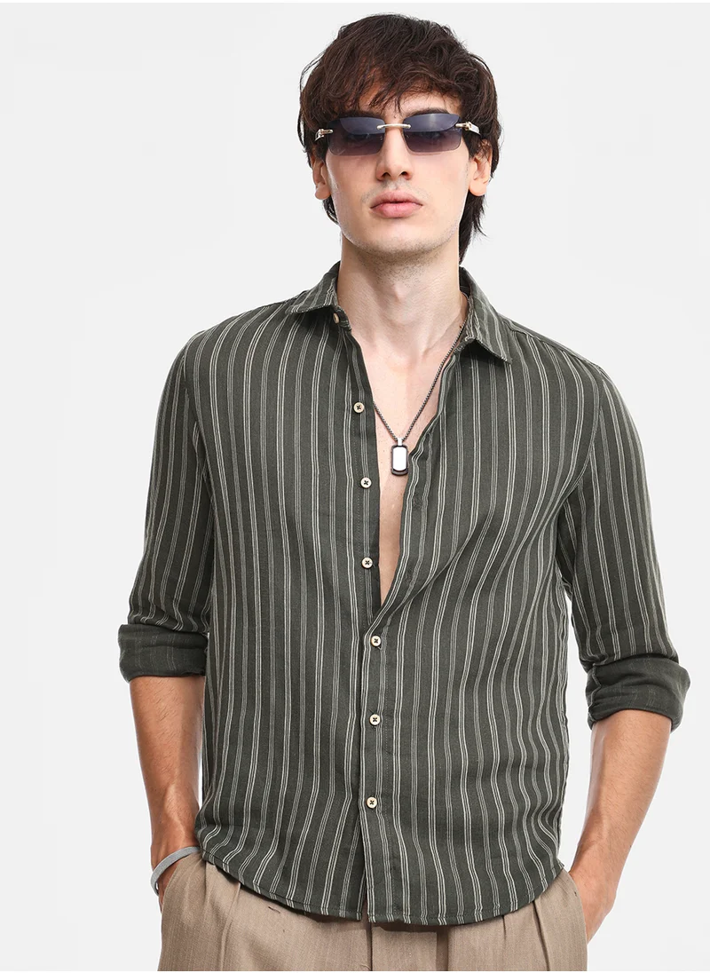 كامبوس سوترا Men's Moss Green Halo Striped Shirt