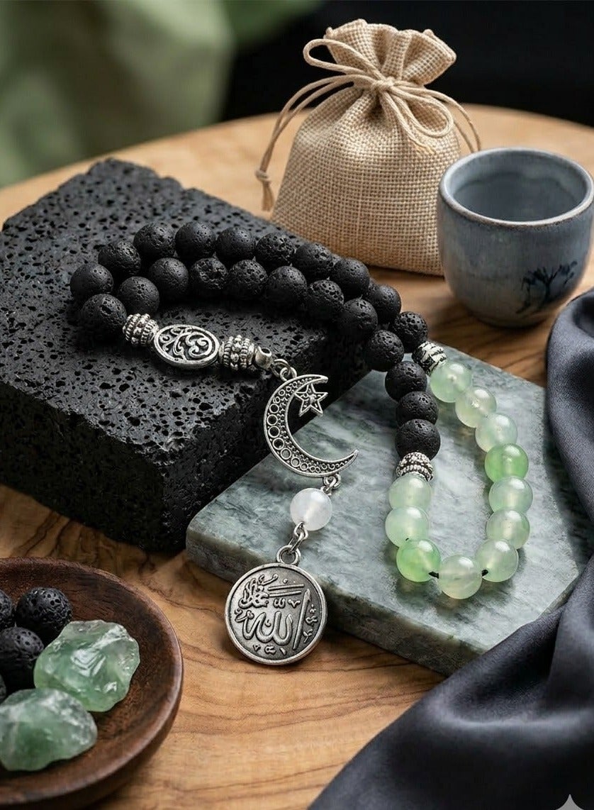 Lava & Agate Light Green Beads (8mm) Rosary - with Gift Jute Pouch - 33 Beads
