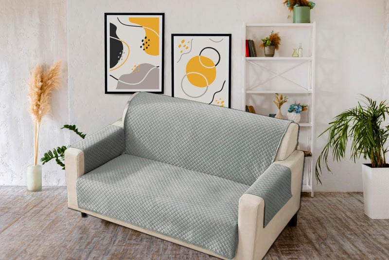 KINGLY Velvet Quilted Universal Elastic Sofa Cover Non-Slip Sofa Protector 2 Seater Armchair Cover with Machine Washable Adjustable Elastic Straps (2 Seater) (Silver Gray) - Image 1