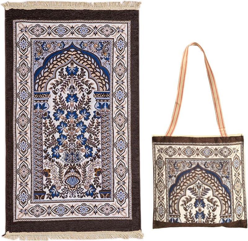 Rness Muslim Prayer Rugs with Carrying Bag Elegant Design Large Lightweight Polyester Prayer Mat, Prayer Mats for Praying Men and Women 70x120cm PR09 Brown - Image 1