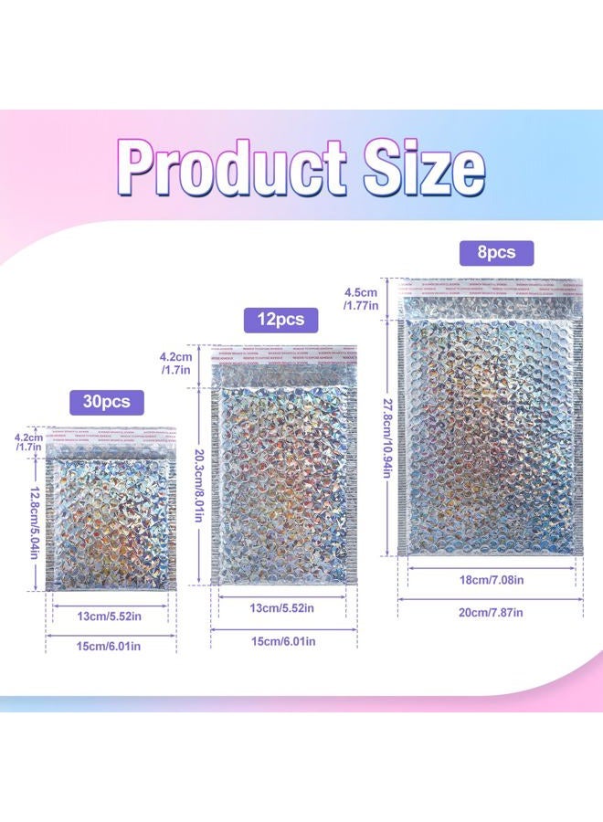 Enjamyo 50 Pieces Holographic Bubble Mailers,3 Sizes Metallic Bubble Mailers,Sliver Foil Glitter Padded Envelopes,Self Sealing Waterproof Shipping Bags,Cushion Envelopes for Mailing Packing - Image 2