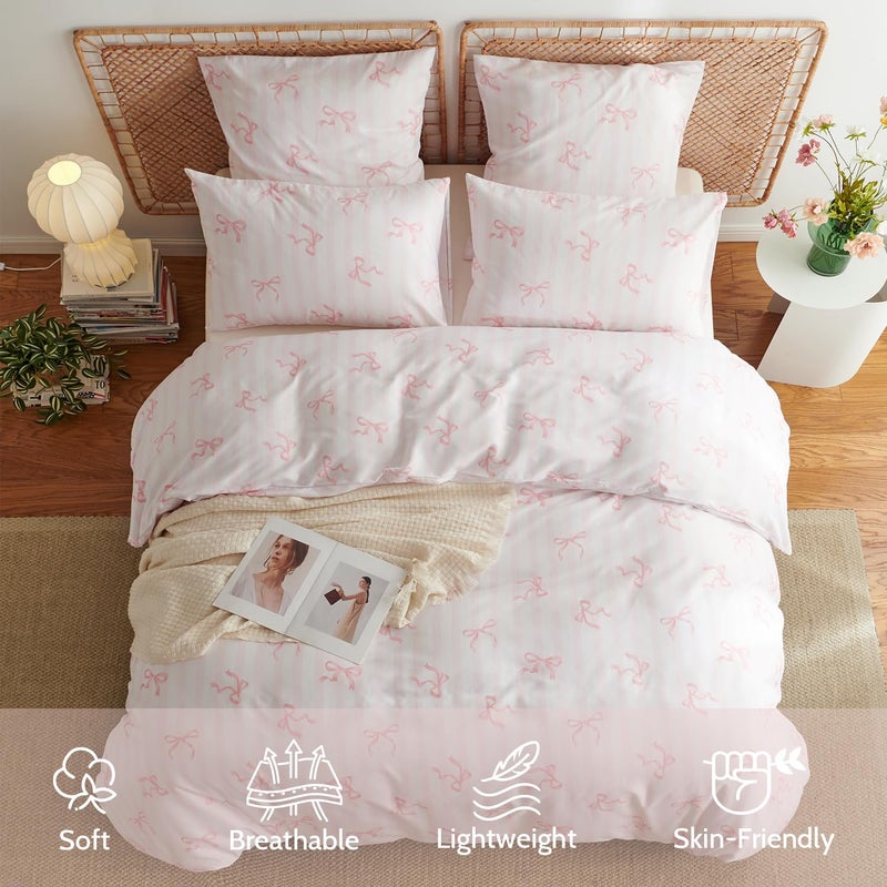 Bildenly Bow Duvet Cover Twin Size Pink Striped Bowknot Bedding Set Kids Girls Cute Bows Vertical Stripes Soft Breathable Microfiber Comforter Cover Set with Zipper Closure and 1 Pillowcase - Image 3