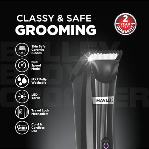 Havells Ballex Body Groomer| Full Body Trimmer For Men|Beard, Body, Balls, Pubic Hair, Private Parts|IPX7 Waterproof|No Nicks & Cuts|1 Hour Non Stop Runtime|USB Type C Fast Charge| Travel Lock| BG3300 - Image 3
