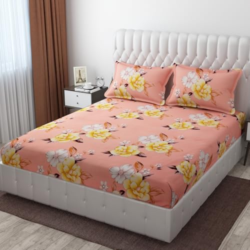 CB HOME Glace Cotton Fitted King Size Bedsheet for Double Bed with 2 Pillow Covers 72x78x8'' All Round Elastic (Print 7, Floral & Traditional King) - Image 1