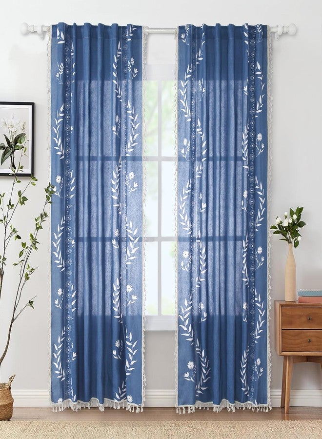 Schweek Blue Boho Floral Curtains 84 Inches Length for Living Room, Western Rustic Semi Sheer Curtains, Navy Blue Vintage Farmhouse Printed Patterned Drapes - Image 2