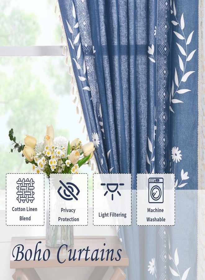 Schweek Blue Boho Floral Curtains 84 Inches Length for Living Room, Western Rustic Semi Sheer Curtains, Navy Blue Vintage Farmhouse Printed Patterned Drapes - Image 4