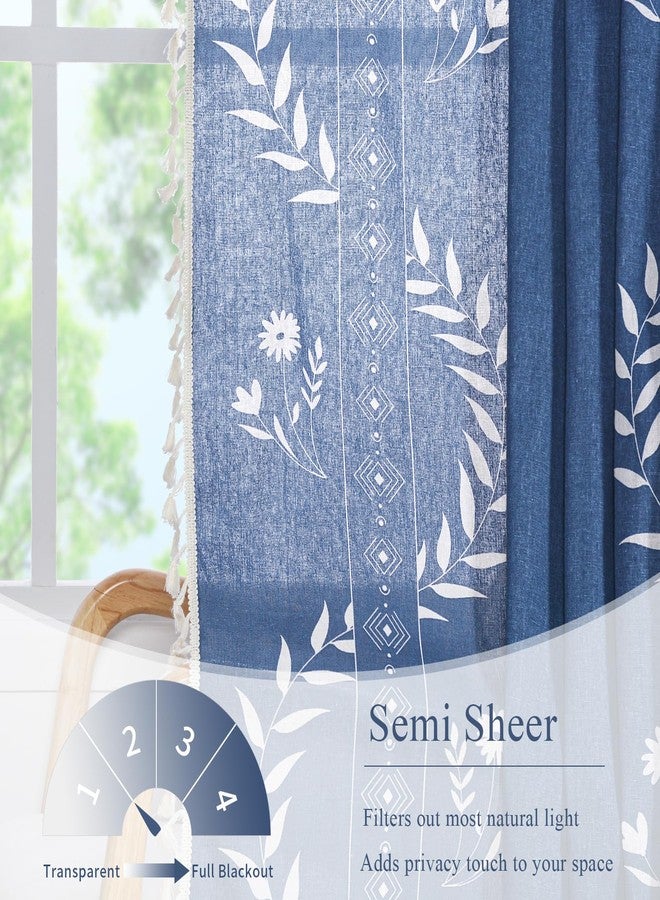 Schweek Blue Boho Floral Curtains 84 Inches Length for Living Room, Western Rustic Semi Sheer Curtains, Navy Blue Vintage Farmhouse Printed Patterned Drapes - Image 3