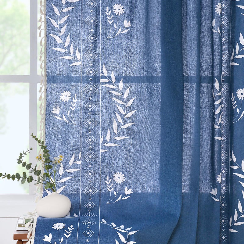 Schweek Blue Boho Floral Curtains 84 Inches Length for Living Room, Western Rustic Semi Sheer Curtains, Navy Blue Vintage Farmhouse Printed Patterned Drapes - Image 1