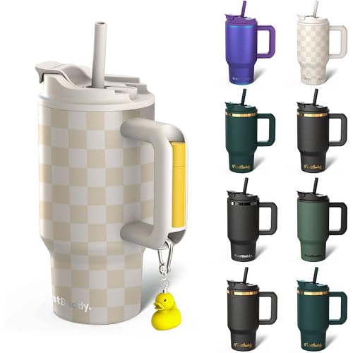 Frost Buddy Thicc Buddy 16 oz Stainless Steel Vacuum Insulated Tumbler with Lid and Straw for Water Travel Mug Cupholder Friendly Gifts for Women Men Him Her Beige Checkered - Image 1