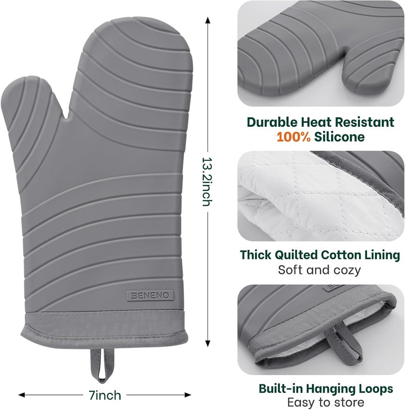 Beneno Heat Resistant Silicone Oven Mitts BPA-Free, Non-Slip Textured Grip & Quilted Cotton Lining, Waterproof Kitchen Mitt 2-Pack Set, 7"x13", Gray - Image 2