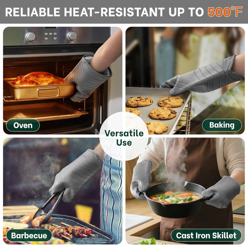 Beneno Heat Resistant Silicone Oven Mitts BPA-Free, Non-Slip Textured Grip & Quilted Cotton Lining, Waterproof Kitchen Mitt 2-Pack Set, 7"x13", Gray - Image 4