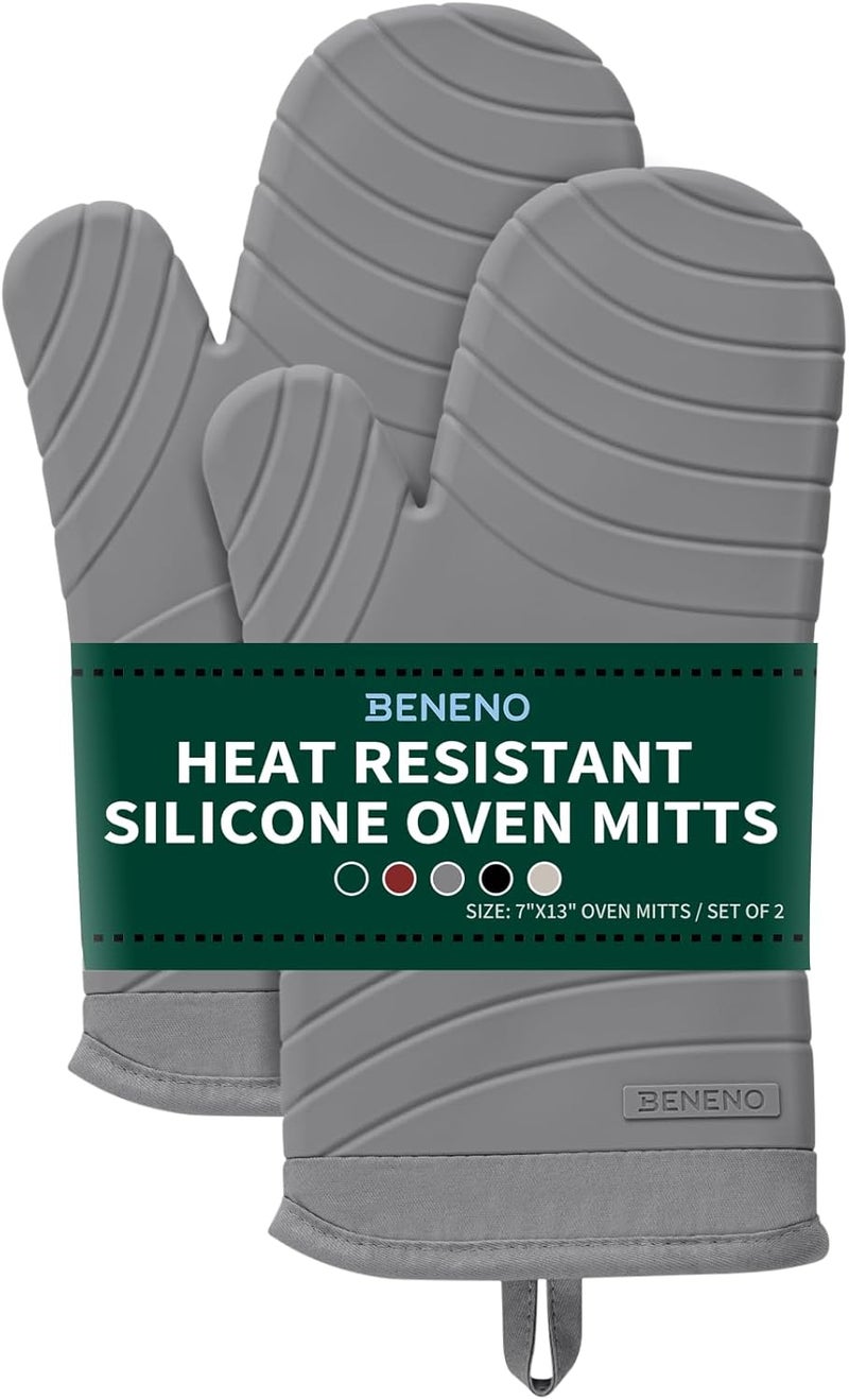 Beneno Heat Resistant Silicone Oven Mitts BPA-Free, Non-Slip Textured Grip & Quilted Cotton Lining, Waterproof Kitchen Mitt 2-Pack Set, 7"x13", Gray - Image 1