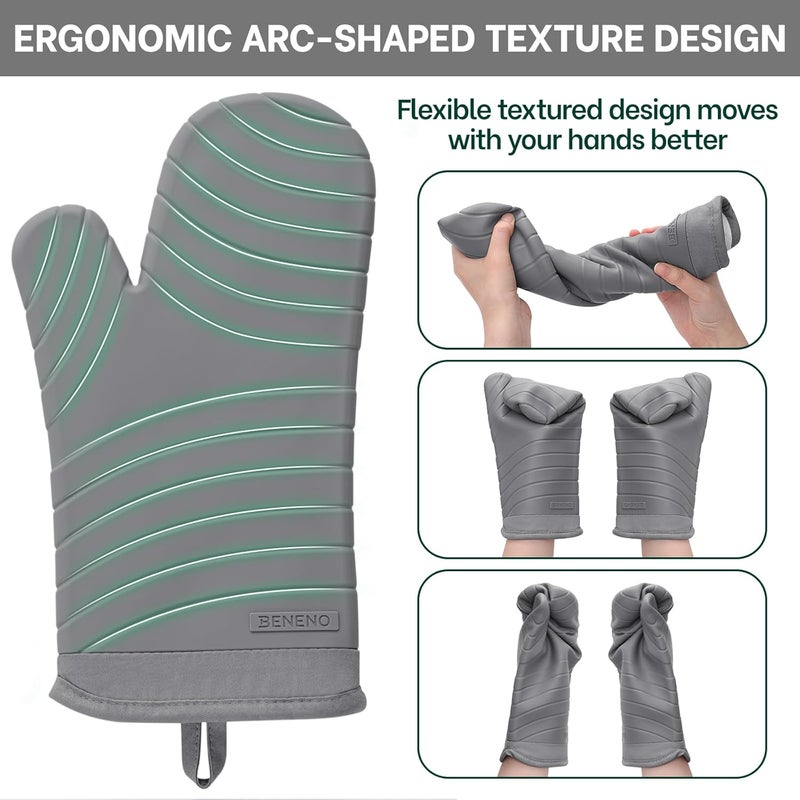 Beneno Heat Resistant Silicone Oven Mitts BPA-Free, Non-Slip Textured Grip & Quilted Cotton Lining, Waterproof Kitchen Mitt 2-Pack Set, 7"x13", Gray - Image 3
