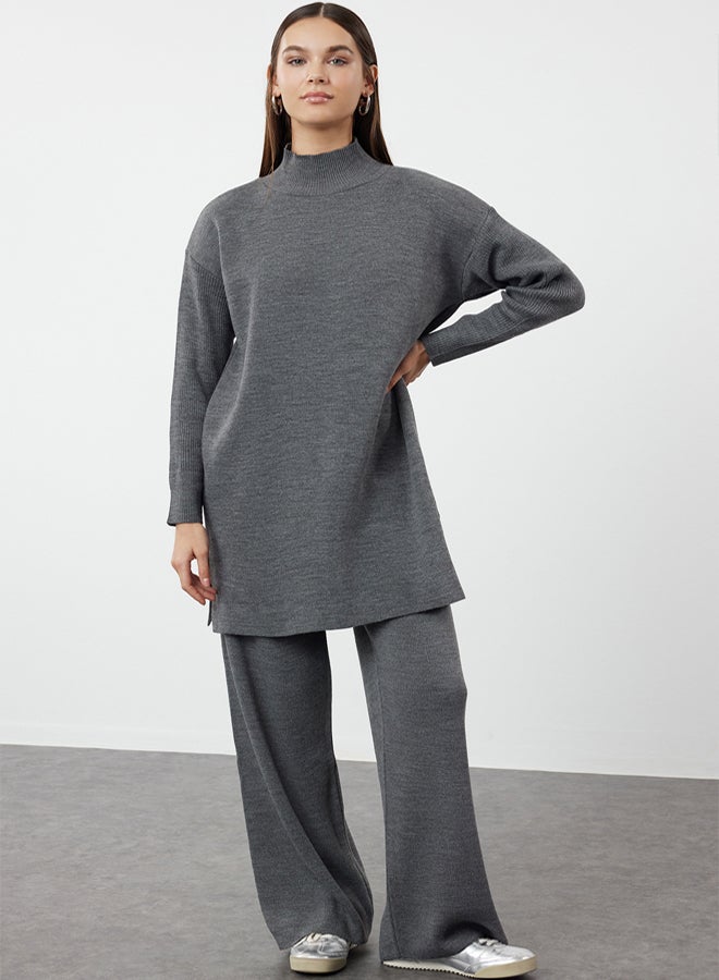trendyol Anthracite Slit Wide Leg Knitwear Two Piece Set TCTAW24US00028 - Image 2