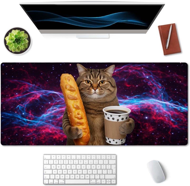 SSOIU Extended Mouse Pad, XXL Gaming Mouse Pads, Large Big Mousepad Laptop Computer Keyboard Mat Desk Pad with Non-Slip Base Stitched Edge for Gaming Office, 35.5 x 15.7 inch, Funny Cat - Image 2