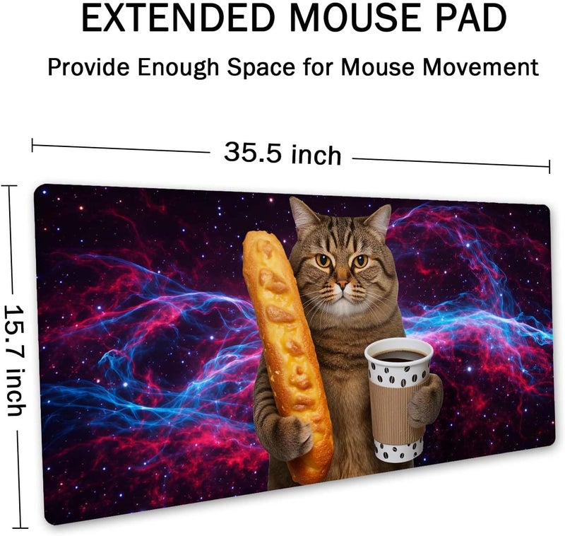 SSOIU Extended Mouse Pad, XXL Gaming Mouse Pads, Large Big Mousepad Laptop Computer Keyboard Mat Desk Pad with Non-Slip Base Stitched Edge for Gaming Office, 35.5 x 15.7 inch, Funny Cat - Image 3