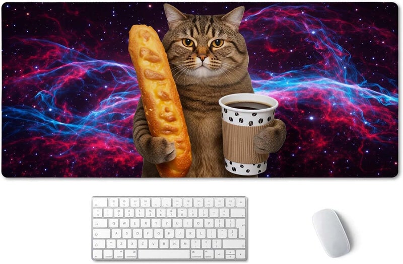 SSOIU Extended Mouse Pad, XXL Gaming Mouse Pads, Large Big Mousepad Laptop Computer Keyboard Mat Desk Pad with Non-Slip Base Stitched Edge for Gaming Office, 35.5 x 15.7 inch, Funny Cat - Image 1