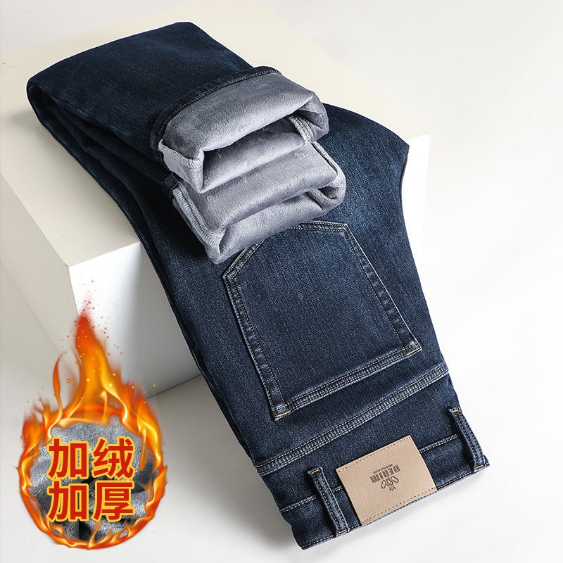 Fleece-Lined Thickened Warm Jeans Men'S Trendy Brand Straight Loose Casual Pants For Boys - Image 2
