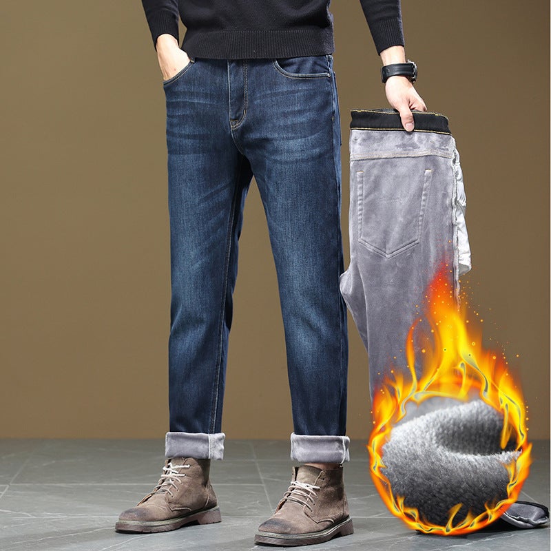 Fleece-Lined Thickened Warm Jeans Men'S Trendy Brand Straight Loose Casual Pants For Boys - Image 3