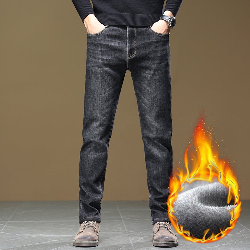 Fleece-Lined Thickened Warm Jeans Men'S Trendy Brand Straight Loose Casual Pants For Boys - Image 1