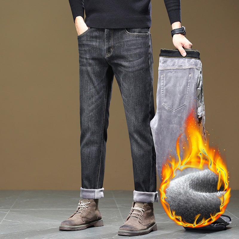 Fleece-Lined Thickened Warm Jeans Men'S Trendy Brand Straight Loose Casual Pants For Boys - Image 5