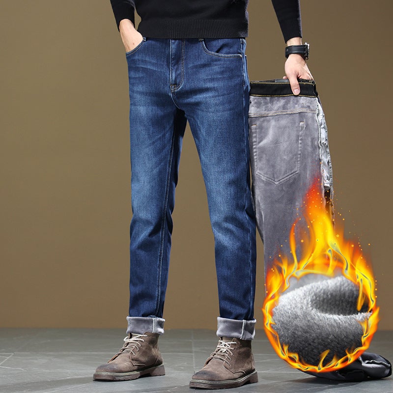 Fleece-Lined Thickened Warm Jeans Men'S Trendy Brand Straight Loose Casual Pants For Boys - Image 4