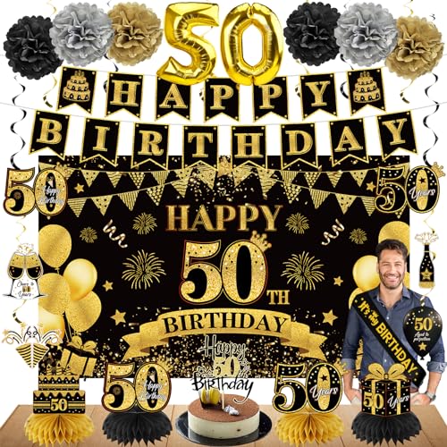 Eucutur 42PCS 50th Birthday Decoration Kit for Men Women Black Gold Happy 50th Bday Banner Balloons Honeycomb Centerpiece Swirl Paper Pompoms Party Supplies 50 Bday Sash Table Cake Topper Swirls Set - Image 1