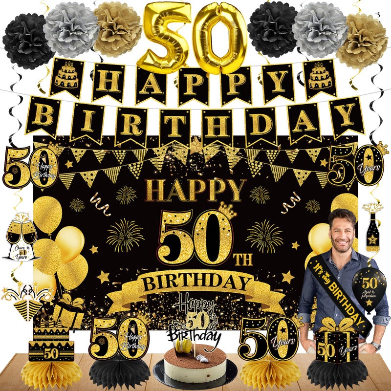 Eucutur 42PCS 50th Birthday Decoration Kit for Men Women Black Gold Happy 50th Bday Banner Balloons Honeycomb Centerpiece Swirl Paper Pompoms Party Supplies 50 Bday Sash Table Cake Topper Swirls Set - Image 2