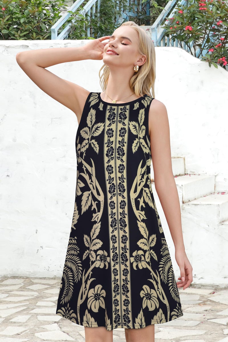 elescat Summer Dresses for Women Beach Boho Sleeveless Vintage Floral Flowy Pocket Tshirt Tank Sundresses(Black Floral Leaves, L) - Image 3