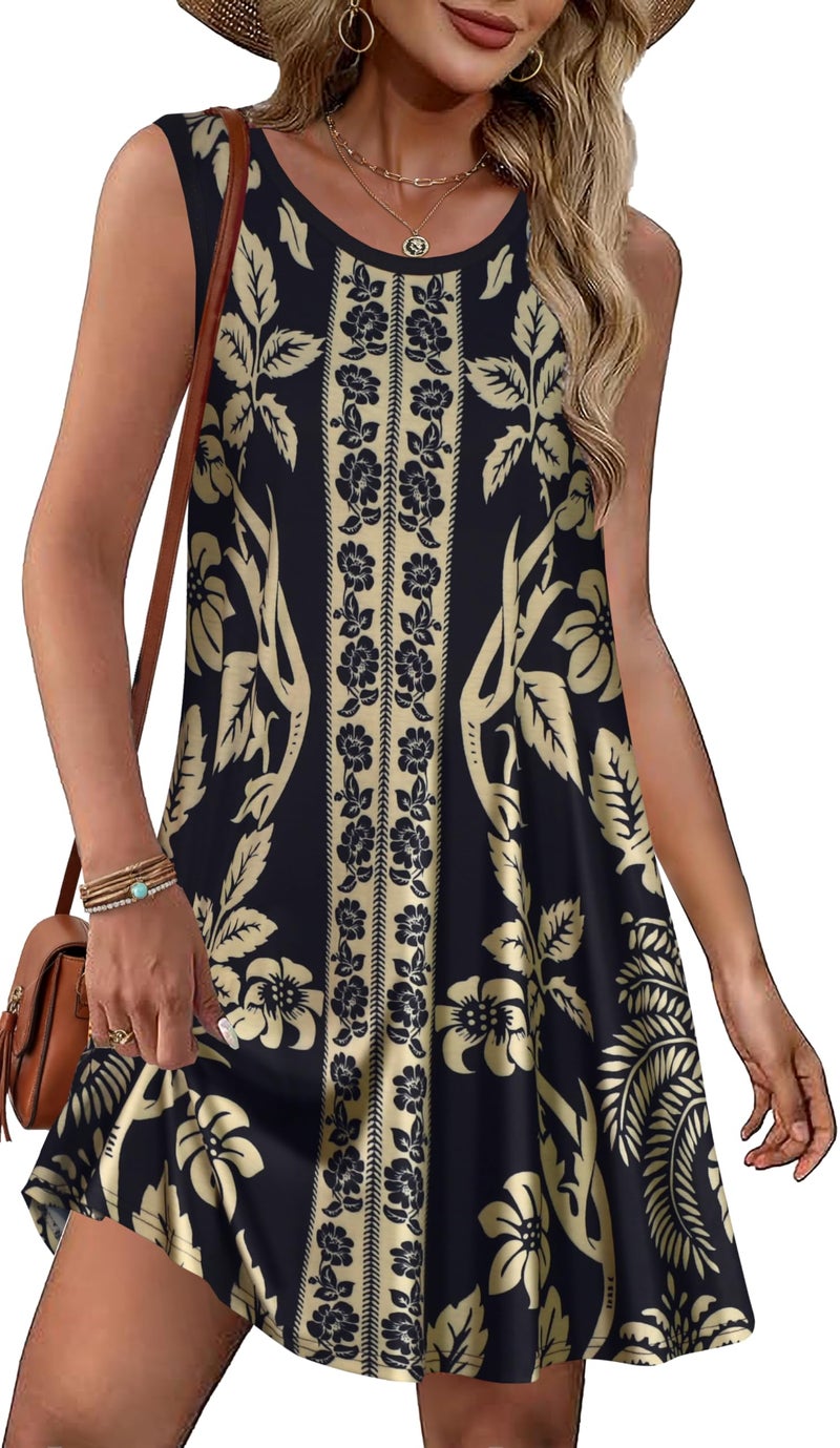 elescat Summer Dresses for Women Beach Boho Sleeveless Vintage Floral Flowy Pocket Tshirt Tank Sundresses(Black Floral Leaves, L) - Image 1