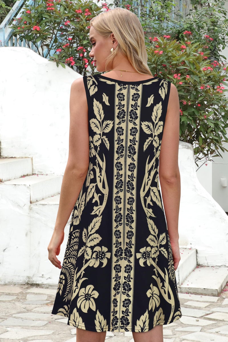 elescat Summer Dresses for Women Beach Boho Sleeveless Vintage Floral Flowy Pocket Tshirt Tank Sundresses(Black Floral Leaves, L) - Image 5