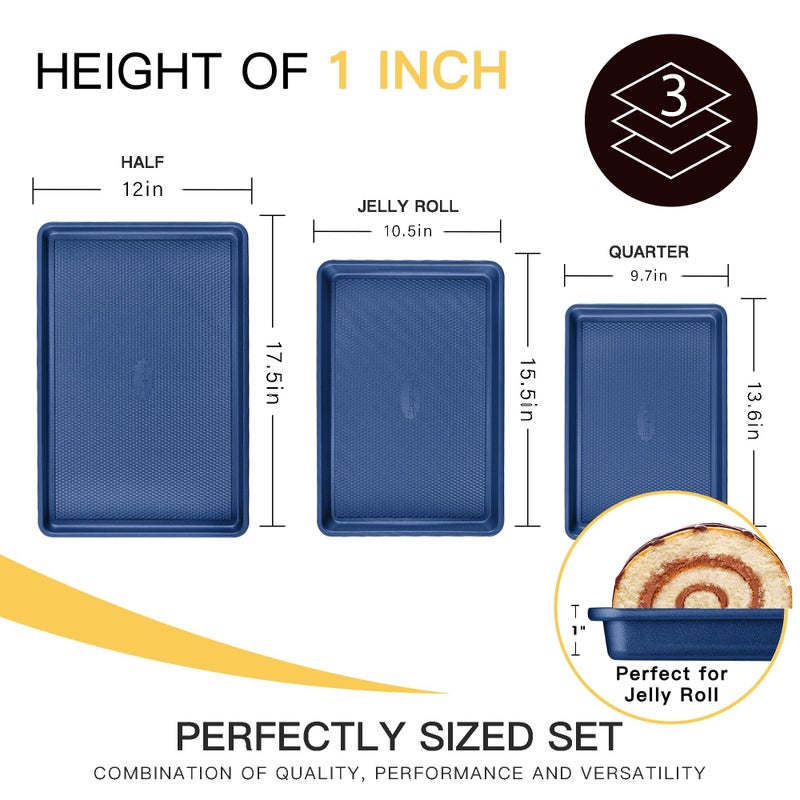 HONGBAKE Baking Sheet Pan Set, Cookie Sheets for Oven, Nonstick Half/Quarter/Jelly Roll Pans with Diamond Texture Pattern, Heavy Duty Cookie Tray, Dark Blue - Image 5