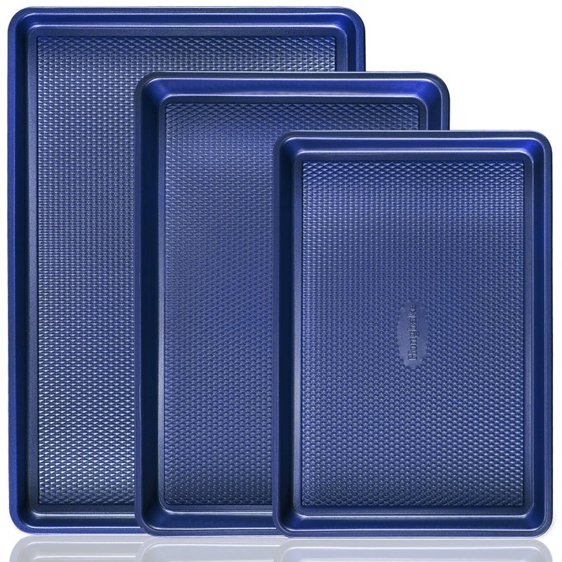HONGBAKE Baking Sheet Pan Set, Cookie Sheets for Oven, Nonstick Half/Quarter/Jelly Roll Pans with Diamond Texture Pattern, Heavy Duty Cookie Tray, Dark Blue - Image 1