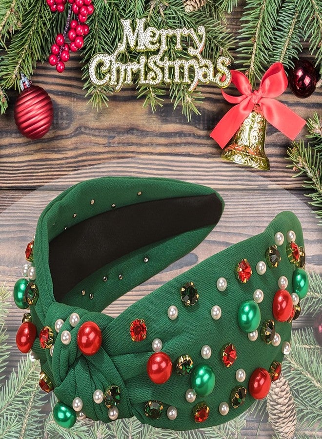 TULOBI Christmas Headband for Women Pearl Knotted Headband Xmas Red Green Pearl Rhinestone Crystal Jeweled Hairband Fashion Elegant Ladies Wide Top Knot Hair Bands Headpiece Holiday Outfits Gifts (Green) - Image 4