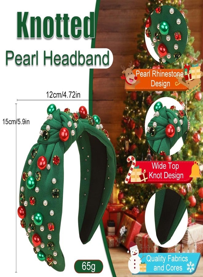 TULOBI Christmas Headband for Women Pearl Knotted Headband Xmas Red Green Pearl Rhinestone Crystal Jeweled Hairband Fashion Elegant Ladies Wide Top Knot Hair Bands Headpiece Holiday Outfits Gifts (Green) - Image 2