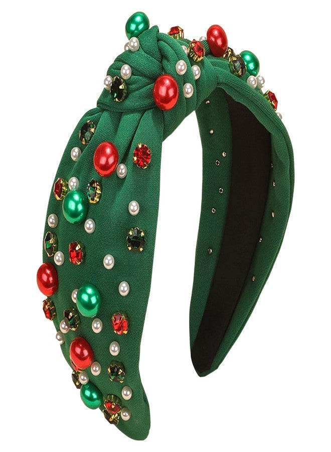 TULOBI Christmas Headband for Women Pearl Knotted Headband Xmas Red Green Pearl Rhinestone Crystal Jeweled Hairband Fashion Elegant Ladies Wide Top Knot Hair Bands Headpiece Holiday Outfits Gifts (Green) - Image 1