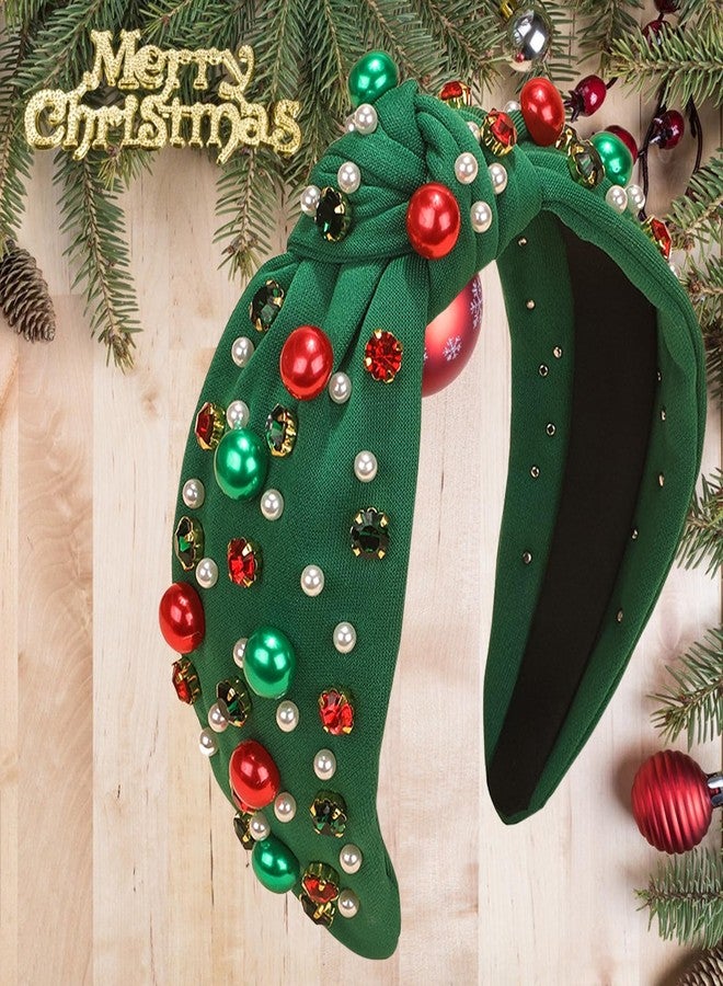 TULOBI Christmas Headband for Women Pearl Knotted Headband Xmas Red Green Pearl Rhinestone Crystal Jeweled Hairband Fashion Elegant Ladies Wide Top Knot Hair Bands Headpiece Holiday Outfits Gifts (Green) - Image 3