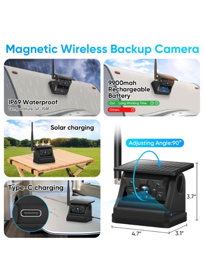 XiuWoo Solar Wireless Magnetic Backup Camera, 9900mAh Battery Powered Rechargeable IP69 Waterproof HD Back Up Rear View Remote Control Camera with 7 Inch 1080P Monitor System for Car Truck Trailer RV VN003 - Image 4