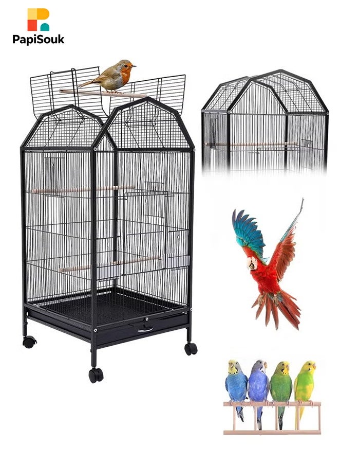 PapiSouk Bird Cage, Open Top Standing Parrot Parakeet Cage, with Rolling Stand Large Metal Bird Flight Cage for Conure Parekette Cockatiel Finch Macaw Cockatoo Pet House, Black, Height 34 inch - Image 2