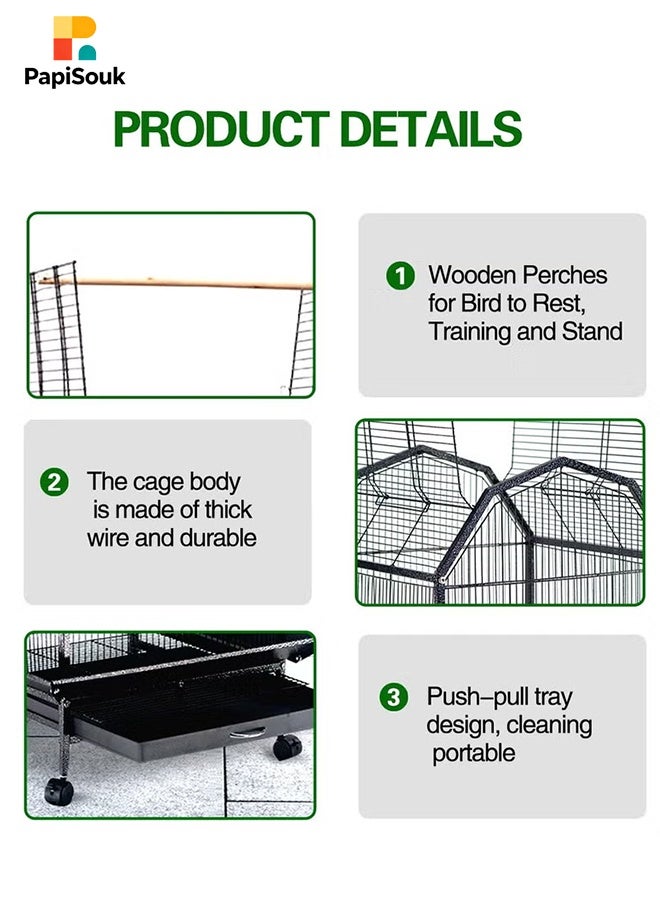 PapiSouk Bird Cage, Open Top Standing Parrot Parakeet Cage, with Rolling Stand Large Metal Bird Flight Cage for Conure Parekette Cockatiel Finch Macaw Cockatoo Pet House, Black, Height 34 inch - Image 3