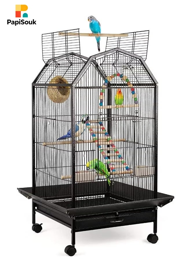 PapiSouk Bird Cage, Open Top Standing Parrot Parakeet Cage, with Rolling Stand Large Metal Bird Flight Cage for Conure Parekette Cockatiel Finch Macaw Cockatoo Pet House, Black, Height 34 inch - Image 1