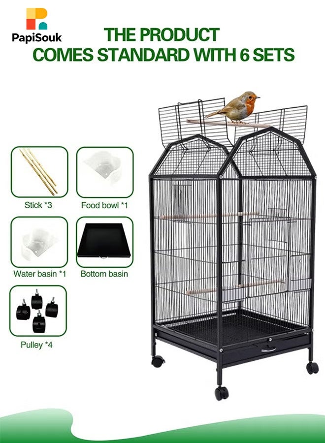 PapiSouk Bird Cage, Open Top Standing Parrot Parakeet Cage, with Rolling Stand Large Metal Bird Flight Cage for Conure Parekette Cockatiel Finch Macaw Cockatoo Pet House, Black, Height 34 inch - Image 4