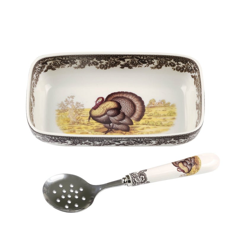 Spode Woodland Turkey Cranberry Dish with Slotted Spoon 8 x 425  Fine Porcelain Thanksgiving Serving Dish Classic Turkey Motif Microwave  Dishwasher Safe Ideal for Fall Entertaining
