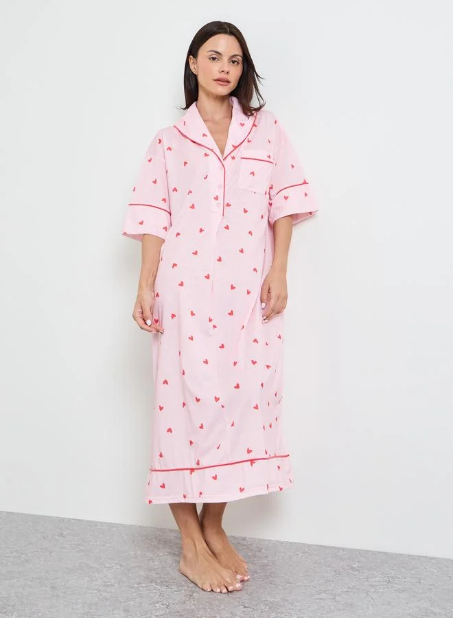 ستايلي Pink Contrast Piping Half Placket Heart Nightshirt